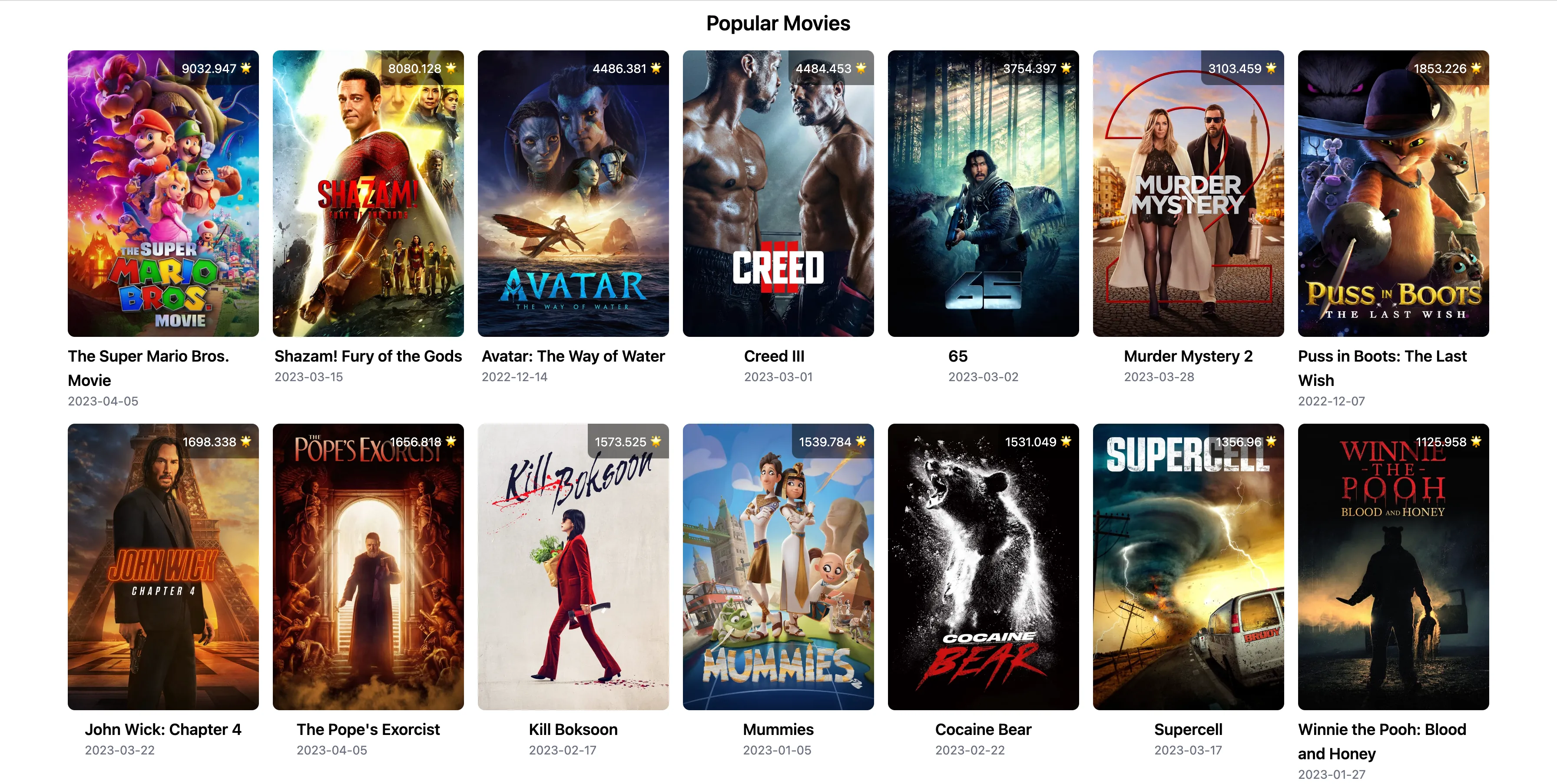 Screenshot of demo movies app showing an overview page of popular movies